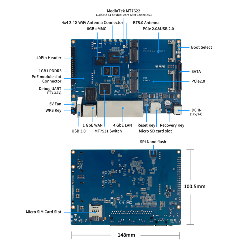 banda doble Enrutador inalámbrico de alta velocidad Banana Pi BPI R64 Router WiFi inteligente 5 puertos Gigabit con 1 GB DDR3 basado en MediaTek MTK MT7622 Soc OpenWRT para servidor VPN NAS 